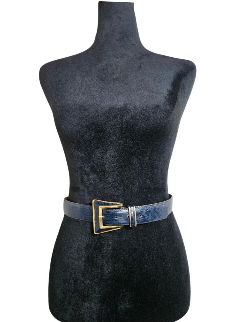 Vintage Speyer Navy Blue Leather Lizard Geometric/Gold  Buckle Statement Belt S